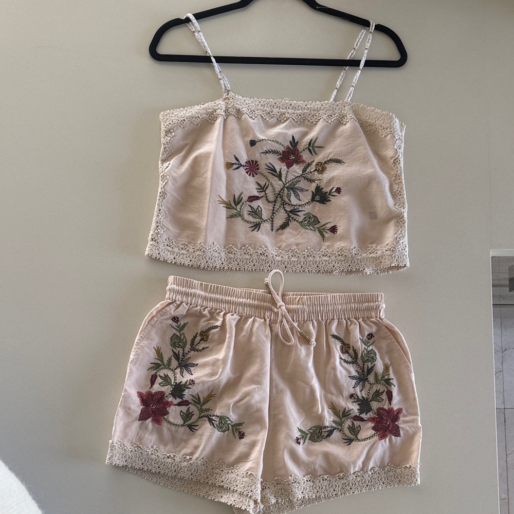 Zara Floral Embroidered Pajama Set - Cream